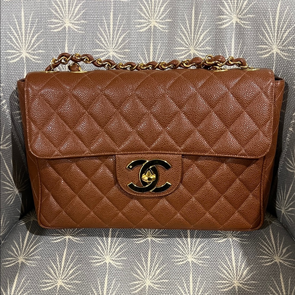 Chanel Tan maxi flap Shoulder Bag with Gold Chain